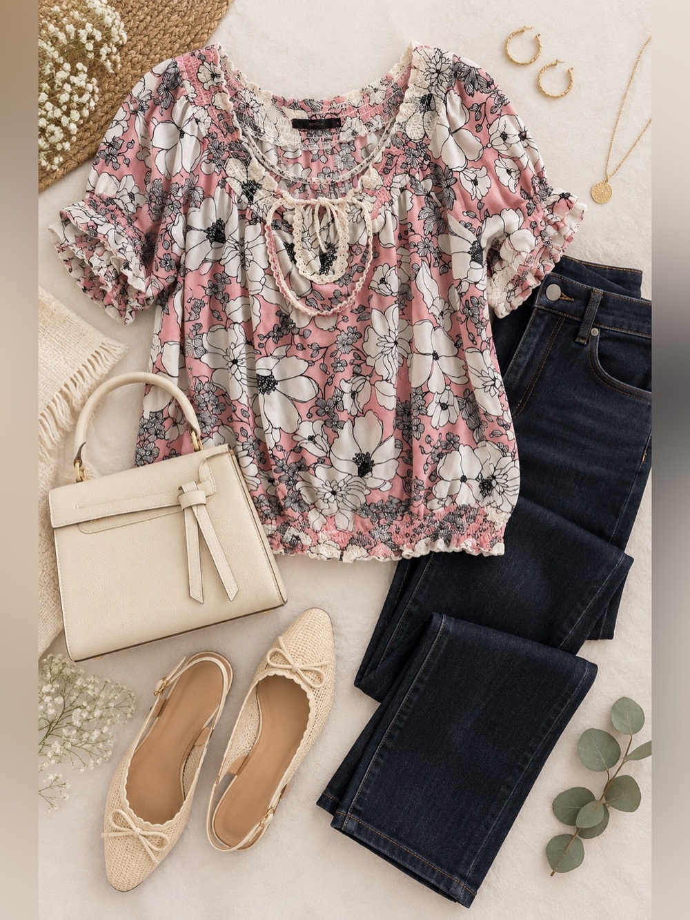 Hazel Pink Gray Floral Ruffle Peasant Blouse